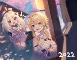 Rule 34 | 2022, 3girls, :d, bare shoulders, black eyes, blonde hair, blunt ends, blurry, blurry background, blurry foreground, breasts, bug, cherry blossoms, commentary request, depth of field, diamond (shape), elbow gloves, firefly, floating, flower, genshin impact, gloves, hair between eyes, hair flower, hair ornament, highres, holding, holding paper, insect, kino (m6t2a), looking at another, lumine (genshin impact), medium breasts, multiple girls, notice lines, open mouth, paimon (genshin impact), paper, short hair, sidelocks, silver hair, smile, standing, upper body, yellow eyes