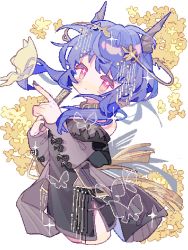 Rule 34 | 1girl, animal, arknights, bare shoulders, black dress, black nails, blue hair, blush stickers, bug, butterfly, ch&#039;en (arknights), closed mouth, cropped legs, dress, floral background, flower, folded fan, folding fan, hand fan, highres, holding, holding fan, horns, insect, long hair, looking at viewer, nail polish, off-shoulder dress, off shoulder, red eyes, saucer (saucer752), simple background, solo, white background, yellow flower