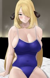 Rule 34 | 1girl, alternate costume, bad id, bad pixiv id, bed sheet, blonde hair, blue one-piece swimsuit, blush, breasts, breath, closed mouth, commission, covered navel, creatures (company), cynthia (pokemon), game freak, grey eyes, hair ornament, hair over one eye, highres, indoors, large breasts, long hair, looking at viewer, nintendo, on bed, one-piece swimsuit, pixiv commission, pokemon, pokemon dppt, revision, rinrin (user tvcf4347), school swimsuit, sitting, skindentation, smile, solo, sweat, swimsuit, thighs, undersized clothes, waist cutout
