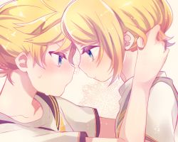 Rule 34 | 1boy, 1girl, :t, angry, annoyed, aoi choko (aoichoco), arms around neck, blonde hair, blue eyes, blush, brother and sister, collarbone, face-to-face, forehead-to-forehead, tucking hair, hands on another&#039;s head, heads together, kagamine len, kagamine rin, looking at another, nervous, playing with another&#039;s hair, pout, print sailor collar, puffy cheeks, sad, shirt, short hair, short ponytail, siblings, sweatdrop, t-shirt, tearing up, tears, twins, vocaloid