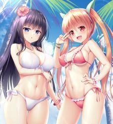 Rule 34 | 2girls, :d, :o, bikini, black hair, blue eyes, blue sky, bracelet, breasts, cloud, day, flower, hair flower, hair ornament, halterneck, hand on own hip, highres, jewelry, large breasts, long hair, looking at viewer, medium breasts, multiple girls, naoki (endofcentury102), navel, open mouth, original, palm tree, red bikini, red eyes, red hair, side-tie bikini bottom, sky, smile, standing, string bikini, swimsuit, thighs, tree, twintails, w, white bikini, wrist cuffs
