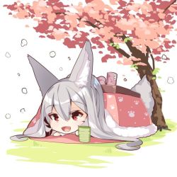 Rule 34 | 1girl, :d, animal ear fluff, animal ears, cherry blossoms, chibi, commentary request, cup, day, flower, fox ears, fox girl, fox tail, fur trim, hair between eyes, kotatsu, long hair, long sleeves, lying, on stomach, open mouth, original, outdoors, pink flower, red eyes, silver hair, smile, solo, table, tail, tree, under kotatsu, under table, very long hair, yunomi, yuuji (yukimimi)