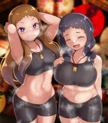 Rule 34 | 2girls, absurdres, arms behind head, black bloomers, black hair, black sports bra, blonde hair, bloomers, blurry, blurry background, breasts, closed eyes, collarbone, commentary request, covered erect nipples, curly hair, cut bangs, grin, hand fan, highres, idolmaster, idolmaster cinderella girls, koseki reina, large breasts, lips, long hair, looking at viewer, medallion, medium breasts, multiple girls, ohnuma kurumi, open mouth, paper fan, plump, purple eyes, reij dddn, shiny skin, smile, sports bra, steam, steaming body, stomach, sweat, underwear, wavy mouth