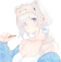 Rule 34 | 1girl, animal ears, arknights, aurora (arknights), bare shoulders, bear ears, blush, breasts, camisole, cleavage, commentary request, cube hair ornament, hair ornament, hair over one eye, highres, holding, large breasts, long hair, looking at viewer, simple background, solo, spaghetti strap, strap slip, tochi (tochitochi2523), upper body, white background, white hair