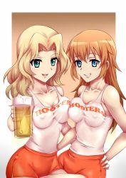 Rule 34 | 2girls, alcohol, artist request, beer, blonde hair, blue eyes, breast press, breasts, charlotte e. yeager, covered erect nipples, girls und panzer, green eyes, grin, hand on own hip, highres, hooters, kay (girls und panzer), long hair, looking at viewer, medium breasts, multiple girls, orange hair, skirt, smile, strike witches, tank top, teeth, world witches series