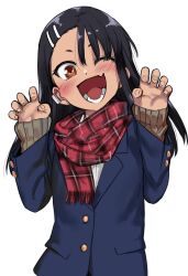 Rule 34 | 1girl, 774 (nanashi), ;d, black hair, blush, brown eyes, commentary request, fingernails, hair ornament, hairclip, hands up, highres, ijiranaide nagatoro-san, long hair, looking at viewer, lower teeth only, nagatoro hayase, one eye closed, open mouth, plaid, plaid scarf, red scarf, scarf, simple background, smile, solo, teeth, white background