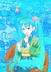 Rule 34 | 1girl, antique phone, bird, blue eyes, blue hair, blue nails, branch, crane (animal), earrings, fang, flower, gourd, hair flower, hair ornament, hand mirror, hatsune miku, holding, holding mirror, japanese clothes, jewelry, kimono, long hair, mirror, moyoo, open mouth, phone, rotary phone, skin fang, solo, very long hair, vocaloid