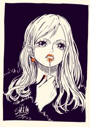 Rule 34 | 1girl, applying makeup, black background, border, clenched teeth, coat, commentary, dated, earrings, english commentary, fur coat, highres, jewelry, long hair, looking down, nami (one piece), one piece, orange lips, orange nails, sherumaru (korcht06), signature, simple background, solo, spot color, teeth