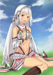 Rule 34 | 1girl, altera (fate), bare shoulders, black nails, blue sky, blunt bangs, breasts, choker, cloud, commentary request, dark-skinned female, dark skin, day, detached sleeves, fate/grand order, fate (series), feet out of frame, fingernails, full-body tattoo, grass, hand on own chest, headdress, highres, jewelry, legs, lin951212, looking at viewer, midriff, nail polish, navel, open mouth, outdoors, red eyes, revealing clothes, seiza, short hair, showgirl skirt, sitting, skirt, sky, small breasts, socks, solo, stomach, tan, tattoo, teeth, thighs, veil, white hair, white skirt