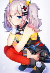 Rule 34 | 1girl, ayamori mimi, bare shoulders, blue eyes, blush, boots, breasts, cleavage, cleavage cutout, clothing cutout, hair ornament, hairclip, head rest, highres, kaguya luna, large breasts, looking at viewer, red thighhighs, silver hair, sleeveless, solo, squatting, the moon studio, thighhighs, twintails, virtual youtuber