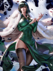 Rule 34 | 1girl, blunt bangs, closed mouth, coat, commentary, dress, english commentary, fubuki (one-punch man), fur coat, green dress, green eyes, green hair, highres, jewelry, liang xing, looking at viewer, necklace, one-punch man, outdoors, realistic, short hair, signature, solo, watermark, web address