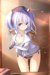 Rule 34 | 1girl, absurdres, black panties, breasts, buttons, cleavage, cowboy shot, epaulettes, gloves, highres, jacket, kantai collection, kashima (kancolle), large breasts, long sleeves, looking at viewer, military jacket, no pants, panties, purple eyes, silver hair, solo, sparkle background, thighs, twintails, underwear, wavy hair, white gloves, white jacket, yunyu (kagawa261)