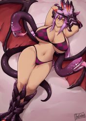 Rule 34 | 1girl, animal hands, arms up, artist name, batako (batakoart), bikini, breasts, checkered bikini, checkered clothes, claws, cleavage, closed mouth, commentary, curvy, dragon girl, dragon wings, english commentary, extra mouth, huge breasts, jabberwock (monster girl encyclopedia), looking at viewer, lying, monster girl, monster girl encyclopedia, navel, on stomach, purple hair, red eyes, smile, solo, swimsuit, tail, wide hips, wings
