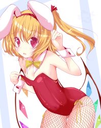 Rule 34 | 1girl, animal ears, blonde hair, blush, bow, bowtie, commentary, cowboy shot, crystal, detached collar, fake animal ears, fishnet pantyhose, fishnets, flandre scarlet, gluteal fold, hair bow, inasa orange, leotard, looking at viewer, open mouth, pantyhose, playboy bunny, rabbit ears, red bow, red eyes, red leotard, side ponytail, slit pupils, solo, sweat, sweatdrop, touhou, wings, wrist cuffs, yellow bow
