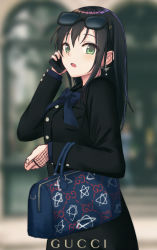 Rule 34 | 1girl, bag, black coat, black hair, blurry, cellphone, coat, day, depth of field, earrings, eyewear on head, fashion, fishnet gloves, fishnets, from side, glasses, gloves, green eyes, gucci, hair between eyes, hand up, handbag, highres, holding, holding phone, itachi kanade, jewelry, long hair, long sleeves, looking at viewer, open mouth, original, outdoors, phone, smartphone, solo, star (symbol), star print, sunglasses, upper body