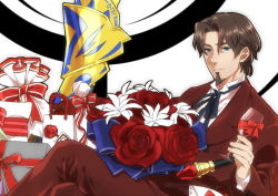 Rule 34 | 1boy, bad id, bad pixiv id, blue eyes, bouquet, brown hair, butubutubutubutu, cup, drinking glass, ea (fate/stay night), facial hair, fate/zero, fate (series), flower, formal, goatee, male focus, ribbon, rose, solo, suit, tohsaka tokiomi, weapon, wine glass