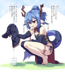 Rule 34 | 1girl, animal ears, barefoot, blue hair, boots, unworn boots, dragon ears, dragon horns, dragon tail, elbow gloves, feet, glass, gloves, highres, horns, long hair, open mouth, red eyes, shoes, unworn shoes, tail, toes, translated