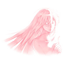 Rule 34 | 1girl, alternate hairstyle, arms at sides, closed eyes, closed mouth, collarbone, commentary request, cropped torso, eyelashes, facing viewer, floating hair, hair between eyes, hair down, hands on own chest, hands up, happy, kaname madoka, korean commentary, light particles, light smile, long hair, mahou shoujo madoka magica, mahou shoujo madoka magica (anime), mamasna (mattna mmm), nude, own hands clasped, own hands together, pale color, pink hair, pink theme, praying, shaded face, sidelighting, simple background, solo, straight hair, ultimate madoka, very long hair, vignetting, white background