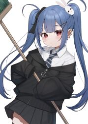 Rule 34 | 1girl, black bow, black jacket, black necktie, black skirt, blue hair, bow, broom, closed mouth, collared shirt, commentary, diagonal-striped clothes, diagonal-striped necktie, ear piercing, earrings, hair bow, hair ornament, hairclip, highres, holding, holding broom, jacket, jewelry, long hair, long sleeves, necktie, off shoulder, original, piercing, pleated skirt, puffy long sleeves, puffy sleeves, rabbit hair ornament, school uniform, shirt, simple background, skirt, sleeves past fingers, sleeves past wrists, solo, striped clothes, symbol-only commentary, tsukiman, twintails, very long hair, white background, white shirt