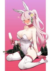 Rule 34 | 1girl, :d, animal ears, bare shoulders, blunt bangs, blush, bottle, breasts, buisen, champagne flute, cleavage, cup, drinking glass, fake animal ears, gloves, highres, kagatsuji soyori, large breasts, leotard, long hair, looking at viewer, open mouth, pink hair, playboy bunny, ponytail, purple eyes, purple gloves, rabbit ears, red hair, sitting, smile, solo, suruga kreuz, thighhighs, virtual youtuber, wariza, white thighhighs, wrist cuffs