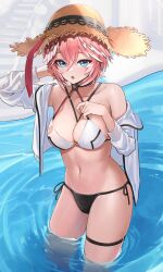 Rule 34 | 1girl, :o, absurdres, alternate costume, anizi, arm up, bare shoulders, bikini, black bikini, black choker, blue eyes, breasts, choker, cleavage, hand up, hat, highres, hololive, jacket, long sleeves, looking at viewer, medium breasts, mismatched bikini, multicolored hair, navel, off shoulder, open clothes, open jacket, open mouth, pink hair, short hair, side-tie bikini bottom, solo, standing, stomach, straw hat, string bikini, swimsuit, takane lui, thigh strap, thighs, two-tone hair, virtual youtuber, wading, water, white bikini, white jacket