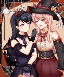 Rule 34 | !, ..., 2girls, bang dream!, bang dream! it&#039;s mygo!!!!!, bare shoulders, black dress, black gloves, black hair, black hat, blue eyes, candy, chihaya anon, chinese commentary, chromatic aberration, closed mouth, commentary request, dress, earrings, fake horns, fang, food, gloves, hat, highres, hmxyymyyc, holding, holding candy, holding food, horns, jack-o&#039;-lantern, jewelry, long hair, mole, mole under eye, multiple girls, off-shoulder dress, off shoulder, open mouth, pink hair, purple eyes, red skirt, shiina taki, shirt, skirt, spoken ellipsis, spoken exclamation mark, trick-or-treating, witch hat, yellow shirt