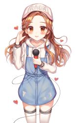 Rule 34 | 1girl, absurdres, bad id, bad pixiv id, blush, brown eyes, brown hair, character request, check character, collarbone, commentary request, heart, highres, holding, holding microphone, hood, hoodie, long hair, long sleeves, looking at viewer, microphone, monjja, original, raon lee, real life, simple background, skirt, smile, solo, suspender skirt, suspenders, teeth, thighhighs, torn clothes, torn skirt, upper teeth only, white background, white headwear, white hoodie, white thighhighs