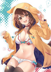 Rule 34 | 1girl, :d, adapted costume, animal ears, belt collar, bikini, black thighhighs, blush, bow, braid, breasts, brown eyes, brown hair, chocho (homelessfox), cleavage, collar, collarbone, commentary request, dog ears, dog girl, fangs, hololive, hood, inugami korone, inugami korone (1st costume), large breasts, long hair, long sleeves, looking at viewer, navel, open clothes, open mouth, smile, solo, stomach, swimsuit, tail, thighhighs, thighs, twin braids, virtual youtuber