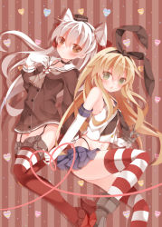 Rule 34 | 10s, 2girls, :&lt;, amatsukaze (kancolle), anchor hair ornament, blonde hair, blush, brown eyes, choker, dress, elbow gloves, garter straps, gloves, green eyes, hair ornament, hairband, hand on own chest, heart, heart background, kantai collection, long hair, looking at viewer, mogu (au1127), multiple girls, open mouth, patterned legwear, sailor dress, school uniform, serafuku, shimakaze (kancolle), short dress, striped background, striped clothes, striped legwear, striped thighhighs, thighhighs, twintails, two-tone stripes, two side up, white gloves, white hair, zettai ryouiki