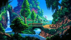 animated animated_gif artist_name blue_sky bridge commentary day english_commentary grass jon_davies landscape looping_animation no_humans original outdoors path pixel_art railing river road scenery sky stairs tree water waterfall