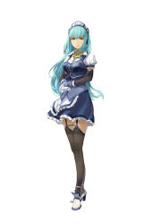Rule 34 | 1girl, apron, bandana, black thighhighs, blue dress, blue hair, blue vest, breasts, closed mouth, collared shirt, dress, earpiece, eiyuu densetsu, elbow gloves, enami katsumi, eyelashes, falcom, frilled dress, frills, full body, garter straps, gloves, high heels, highres, kuro no kiseki, light blue hair, lips, long hair, looking at viewer, maid, maid apron, maid headdress, medium breasts, microphone, official art, own hands together, puffy short sleeves, puffy sleeves, risette twinings, shirt, shirt under dress, short sleeves, simple background, smile, solo, standing, straight hair, thighhighs, thighs, third-party source, vest, white background, white footwear, white gloves, white headwear, white shirt, yellow bandana, yellow eyes, yellow neckwear