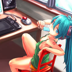 Rule 34 | 1girl, aqua eyes, aqua hair, arm support, barefoot, breasts, chair, covered erect nipples, desk, downblouse, drawing tablet, eating, feet on chair, food, from above, from behind, gogatsu no renkyuu, hatsune miku, headphones, highres, indoors, long hair, looking up, popsicle, shorts, sitting, small breasts, solo, tank top, tattoo, trackball mouse, vocaloid, window