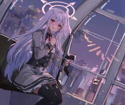 Rule 34 | 1girl, assault rifle, black thighhighs, blue archive, building, city, cloud, commentary request, gun, hair between eyes, halo, head wings, highres, holding, holding gun, holding weapon, long hair, long sleeves, morning, neck ribbon, open mouth, pink halo, red eyes, red ribbon, ribbon, rifle, sig mcx, single head wing, sitting, sky, smile, solo, suzumi (blue archive), the olphy, thighhighs, weapon, white hair, window, wings