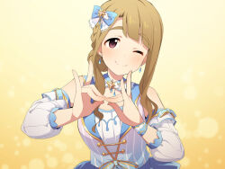 Rule 34 | 1girl, blue bow, bow, brown hair, detached sleeves, dot nose, double fox shadow puppet, dress, earrings, fox shadow puppet, gold trim, hair bow, hair ornament, hands up, idolmaster, idolmaster million live!, jewelry, light blush, light brown hair, long hair, looking at viewer, miyao miya, one eye closed, sidelocks, smile, solo, star (symbol), star hair ornament, striped clothes, striped dress, thick eyebrows, uccow, upper body, vertical-striped clothes, vertical-striped dress, white dress, wristband, yellow background
