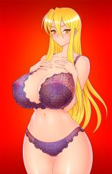 Rule 34 | 10s, 1girl, akiranime, bare shoulders, blonde hair, blush, bra, breasts, bursting breasts, character name, cleavage, collarbone, covered erect nipples, curvy, female focus, fingernails, hands on own chest, highschool of the dead, huge breasts, lace, lace-trimmed bra, lace-trimmed panties, lace trim, long hair, marikawa shizuka, navel, nipples, nurse, panties, purple bra, purple panties, red background, school nurse, see-through, shiny skin, smile, solo focus, standing, underwear, very long hair, yellow eyes