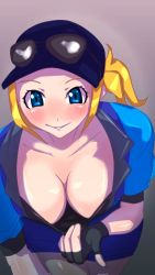Rule 34 | 1girl, baseball cap, bent over, black gloves, blonde hair, blue eyes, breasts, cleavage, eyewear on head, final fight, gloves, grin, hat, highres, large breasts, looking at viewer, lucia morgan, police, ponytail, shiny skin, short hair, shorts, smile, solo, street fighter, street fighter v, sunglasses, sunglasses on head, tomboy