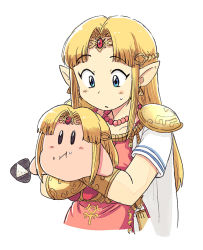 Rule 34 | 1girl, 1other, blonde hair, blue eyes, blush stickers, cape, dress, earrings, eating, holding, jewelry, kirby, kirby (series), long hair, necklace, nintendo, parted bangs, parted lips, pauldrons, pearl necklace, pointy ears, princess zelda, raised eyebrows, shoes, short sleeves, shoulder armor, straight hair, super smash bros., the legend of zelda, the legend of zelda: a link between worlds, tiara, triangle earrings, triforce, triforce earrings, tsubobot, tunic, vambraces, white dress