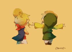 Rule 34 | 1boy, artist name, back, facing away, green headwear, green shirt, link, long hair, nintendo, parted bangs, pointy ears, scarf, shirt, short hair, simple background, tetra, the legend of zelda, the legend of zelda: the wind waker, tokuura, toon link, yellow background