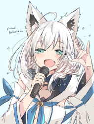 Rule 34 | 1girl, :d, absurdres, ahoge, animal ear fluff, animal ears, blue background, blue neckerchief, blush, braid, character name, commentary request, detached sleeves, fang, fox ears, fox shadow puppet, green eyes, half-closed eyes, hands up, highres, holding, holding microphone, hololive, hood, hood down, long hair, long sleeves, looking at viewer, microphone, mito (go!go!king!), nail polish, neckerchief, open mouth, pink nails, shirakami fubuki, shirakami fubuki (1st costume), simple background, smile, solo, upper body, virtual youtuber, white hair, white sleeves, wide sleeves