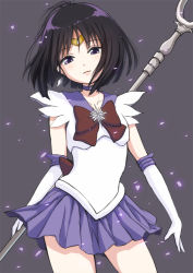 Rule 34 | 1girl, bad id, bad pixiv id, bishoujo senshi sailor moon, black hair, bow, brooch, brown bow, budouya, choker, earrings, elbow gloves, gloves, grey background, holding, holding polearm, holding spear, holding weapon, jewelry, magical girl, polearm, purple eyes, purple skirt, ribbon, sailor collar, sailor saturn, short hair, silence glaive, skirt, solo, spear, staff, star brooch, tiara, tomoe hotaru, weapon, white gloves