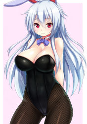 Rule 34 | 1girl, alternate costume, animal ears, arms behind back, bare shoulders, blush, bow, bowtie, breasts, rabbit ears, playboy bunny, cleavage, detached collar, ebi 193, female focus, fishnet pantyhose, fishnets, kamishirasawa keine, kemonomimi mode, large breasts, long hair, looking at viewer, pantyhose, red eyes, silver hair, smile, solo, touhou