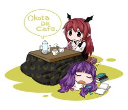 Rule 34 | 2girls, :o, bat wings, blunt bangs, blush, book, book stack, byourou, chibi, crescent, cup, dress shirt, head wings, knitting, koakuma, kotatsu, long hair, low-tied long hair, multiple girls, no headwear, open book, open mouth, patchouli knowledge, pointy ears, red eyes, red hair, shirt, simple background, sleeping, smile, star (symbol), steam, table, teacup, teapot, touhou, under kotatsu, under table, vest, white background, white shirt, wings, yarn, yarn ball