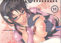 Rule 34 | 1girl, black hair, blue eyes, blush, breasts, breasts out, calendar, cle masahiro, collarbone, dutch angle, female focus, glasses, grabbing, grabbing another&#039;s breast, hairband, highres, large breasts, long hair, looking at viewer, makinami mari illustrious, neon genesis evangelion, nipples, no bra, plugsuit, red-framed eyewear, saliva, semi-rimless eyewear, shiny skin, simple background, solo, sweat, tongue, tongue out, twintails