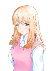 Rule 34 | 1girl, absurdres, blonde hair, blush, braid, catch (catch9030), collared shirt, commentary, dress shirt, hair between eyes, hair ribbon, highres, lips, long hair, looking at viewer, original, parted lips, pink sweater vest, red ribbon, ribbon, shirt, sidelocks, simple background, sweater vest, symbol-only commentary, upper body, white background, white shirt, yellow eyes