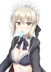 Rule 34 | 1girl, absurdres, artoria pendragon (all), artoria pendragon (alter swimsuit rider) (fate), artoria pendragon (alter swimsuit rider) (second ascension) (fate), artoria pendragon (fate), bikini, bikini top only, black bikini, black ribbon, blonde hair, blush, breasts, choker, cleavage, collarbone, fate/grand order, fate (series), food, food in mouth, frilled bikini, frilled bikini top, frilled choker, frills, hair ribbon, highres, hood, hood down, hooded jacket, jacket, looking at viewer, maid, maid bikini, maid headdress, medium breasts, mouth hold, nedia (nedia region), open clothes, open jacket, popsicle, ribbon, saber alter, short hair, sidelocks, solo, swimsuit, unconventional maid, upper body, yellow eyes