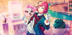 Rule 34 | 1boy, afterl!fe, androgynous, blue eyes, bow, formal, gloves, hair bow, highres, holding, holding wand, long sleeves, male focus, official art, one eye closed, open mouth, pink hair, quincy (afterl!fe), second-party source, short hair, solo, suit, wand