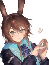 Rule 34 | 1girl, amiya (arknights), animal ears, arknights, ascot, black jacket, blue ascot, blue eyes, blush, brown hair, closed mouth, hair between eyes, heart, highres, jacket, jewelry, lch, light smile, looking at viewer, medium hair, multiple rings, neck ring, rabbit ears, ring, simple background, solo, upper body, white background