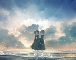 Rule 34 | 2020, 2girls, absurdres, axleaki, black dress, blue eyes, cloud, cloudy sky, commentary, dress, english text, highres, huge filesize, light rays, long sleeves, multiple girls, muted color, ocean, original, sailor collar, scenery, serious, short hair, sky, standing, sunrise