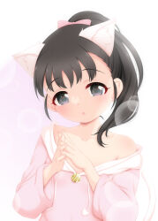Rule 34 | 1girl, :o, animal ear fluff, animal ears, black eyes, black hair, cat ears, cat tail, collarbone, commentary request, fukuyama mai, highres, hood, hoodie, hosizora mikoto, idolmaster, idolmaster cinderella girls, interlocked fingers, looking at viewer, open mouth, own hands together, pink hoodie, ponytail, short hair, single bare shoulder, solo, tail, upper body