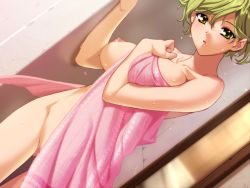 Rule 34 | 1girl, blonde hair, blush, breasts, censored, covering privates, dutch angle, game cg, green eyes, ino (magloid), izayoi no hanayome, large breasts, mosaic censoring, naked towel, nipples, non-web source, nude, nude cover, open mouth, pink towel, pussy, saegusa mikoto, short hair, solo, thigh gap, thighs, towel, wet
